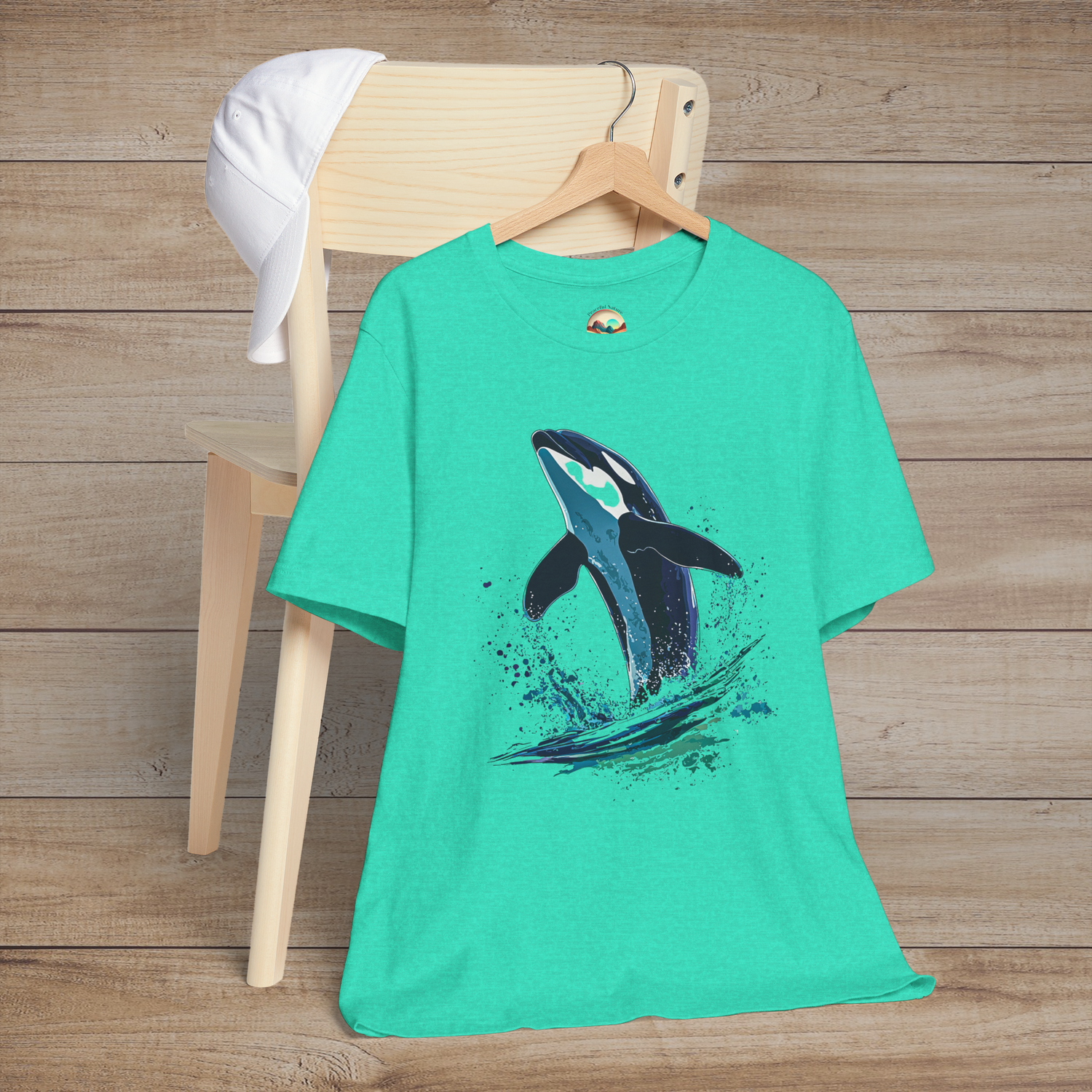 Sea green t-shirt with stylized orca leaping from ocean splash art