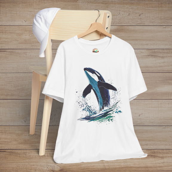 White Bella+Canvas tee featuring a jumping orca with watercolor-style splash