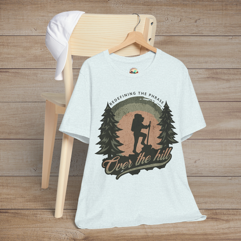 The Over the Hill Hiker T-Shirt – Redefining Aging with Adventure Heather Ice Blue