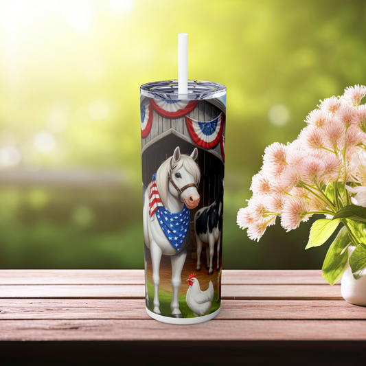 Patriotic skinny tumbler with a white horse in stars-and-stripes bandana, barn backdrop with Fourth of July decorations