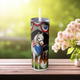 Patriotic skinny tumbler with a white horse in stars-and-stripes bandana, barn backdrop with Fourth of July decorations