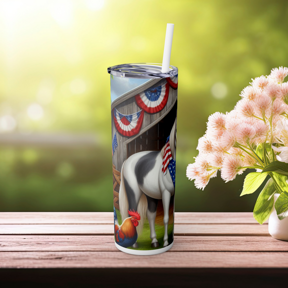Back side of patriotic tumbler showing red rooster and barn with bunting