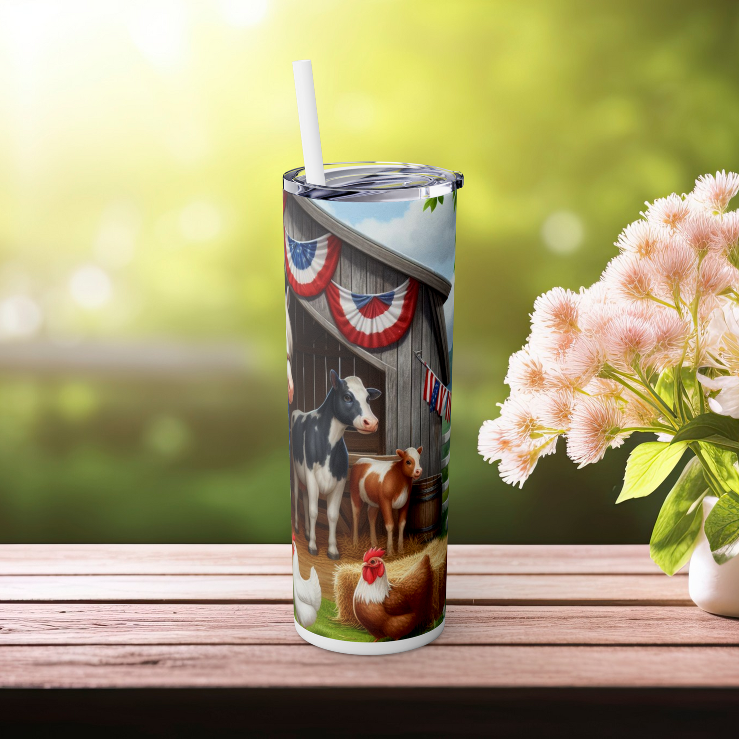 Side view of tumbler featuring cows, chickens, and Fourth of July barn decor