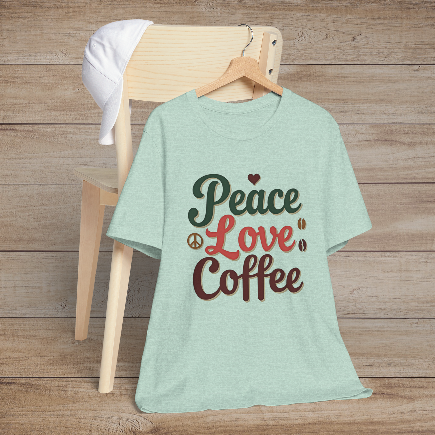 ☕ Peace. Love. Coffee. – Premium Retro Graphic Tee for Caffeine Enthusiasts Heather Prism Mint