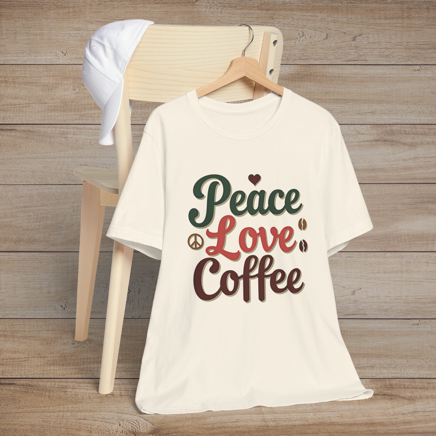 ☕ Peace. Love. Coffee. – Premium Retro Graphic Tee for Caffeine Enthusiasts Natural