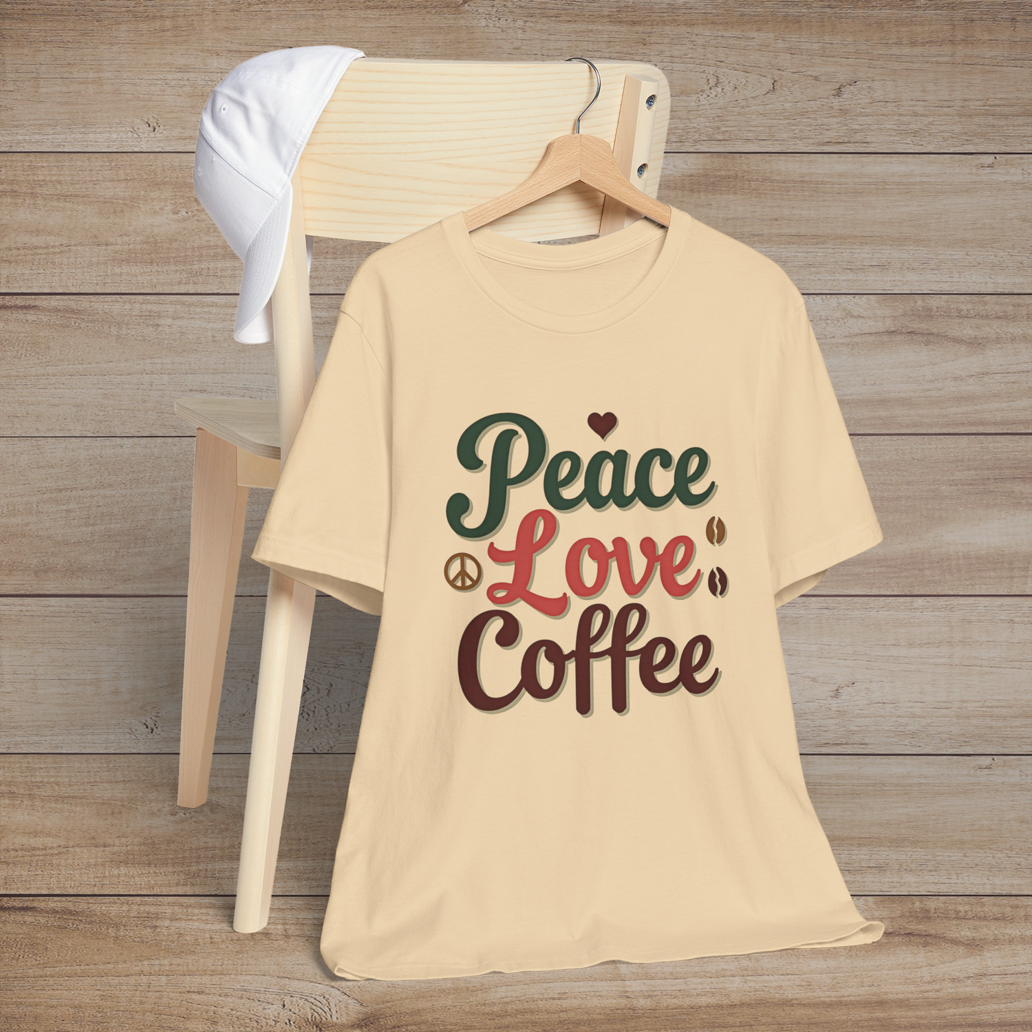 ☕ Peace. Love. Coffee. – Premium Retro Graphic Tee for Caffeine Enthusiasts Soft Cream