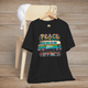 Black unisex t-shirt featuring a colorful retro van design with the words "Peace Love Hippiness"