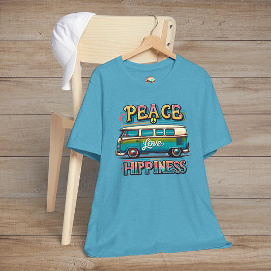Heather aqua unisex t-shirt featuring a colorful retro van design with the words "Peace Love Hippiness"