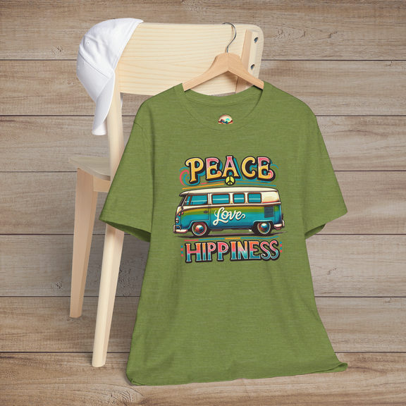 Heather green unisex t-shirt featuring a colorful retro van design with the words "Peace Love Hippiness"