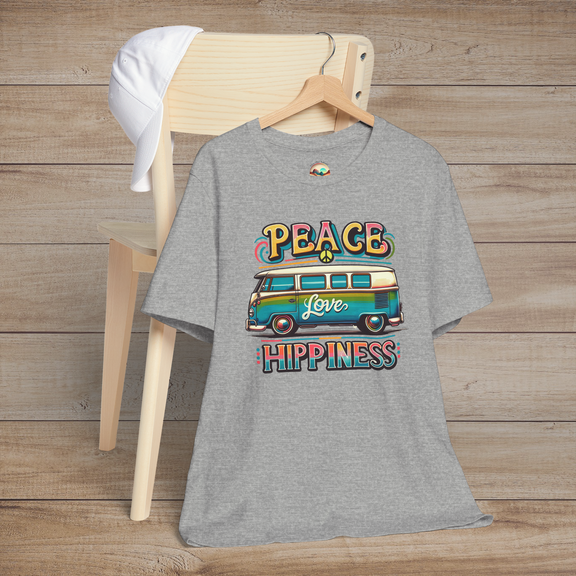 Heather grey unisex t-shirt featuring a colorful retro van design with the words "Peace Love Hippiness"