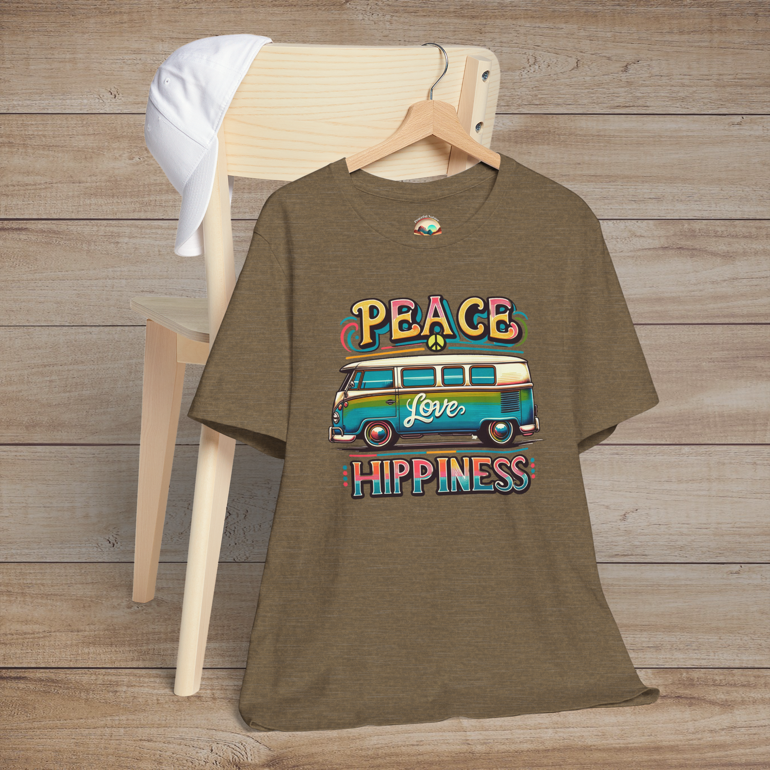Heather olive unisex t-shirt featuring a colorful retro van design with the words "Peace Love Hippiness"