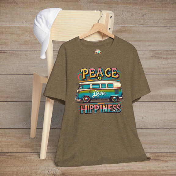 Heather olive unisex t-shirt featuring a colorful retro van design with the words "Peace Love Hippiness"