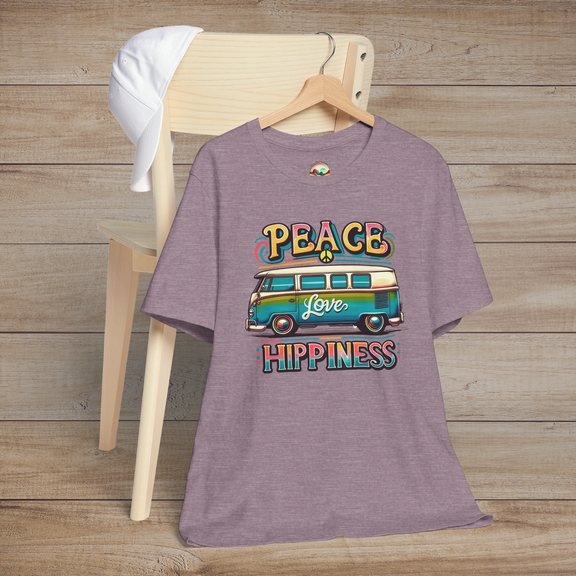 Heather purple unisex t-shirt featuring a colorful retro van design with the words "Peace Love Hippiness"