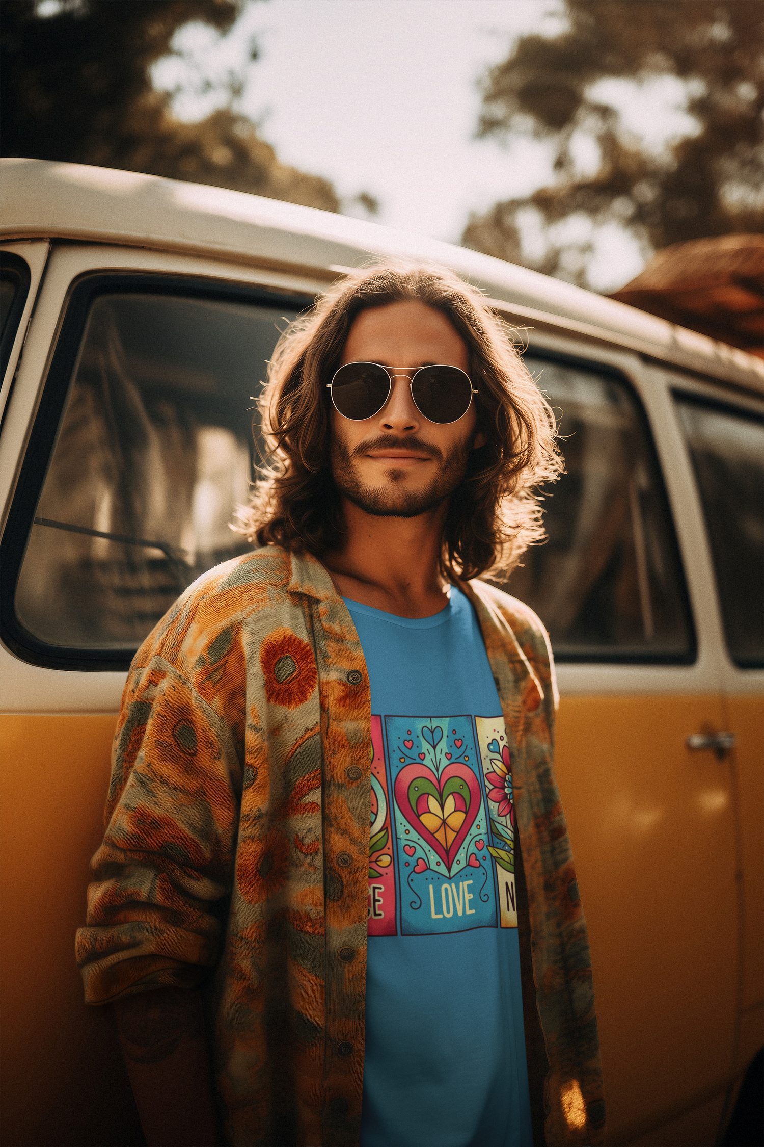 Male model wearing aqua Peace Love Nature boho hippie t-shirt, styled with vintage sunglasses and standing beside a retro yellow van