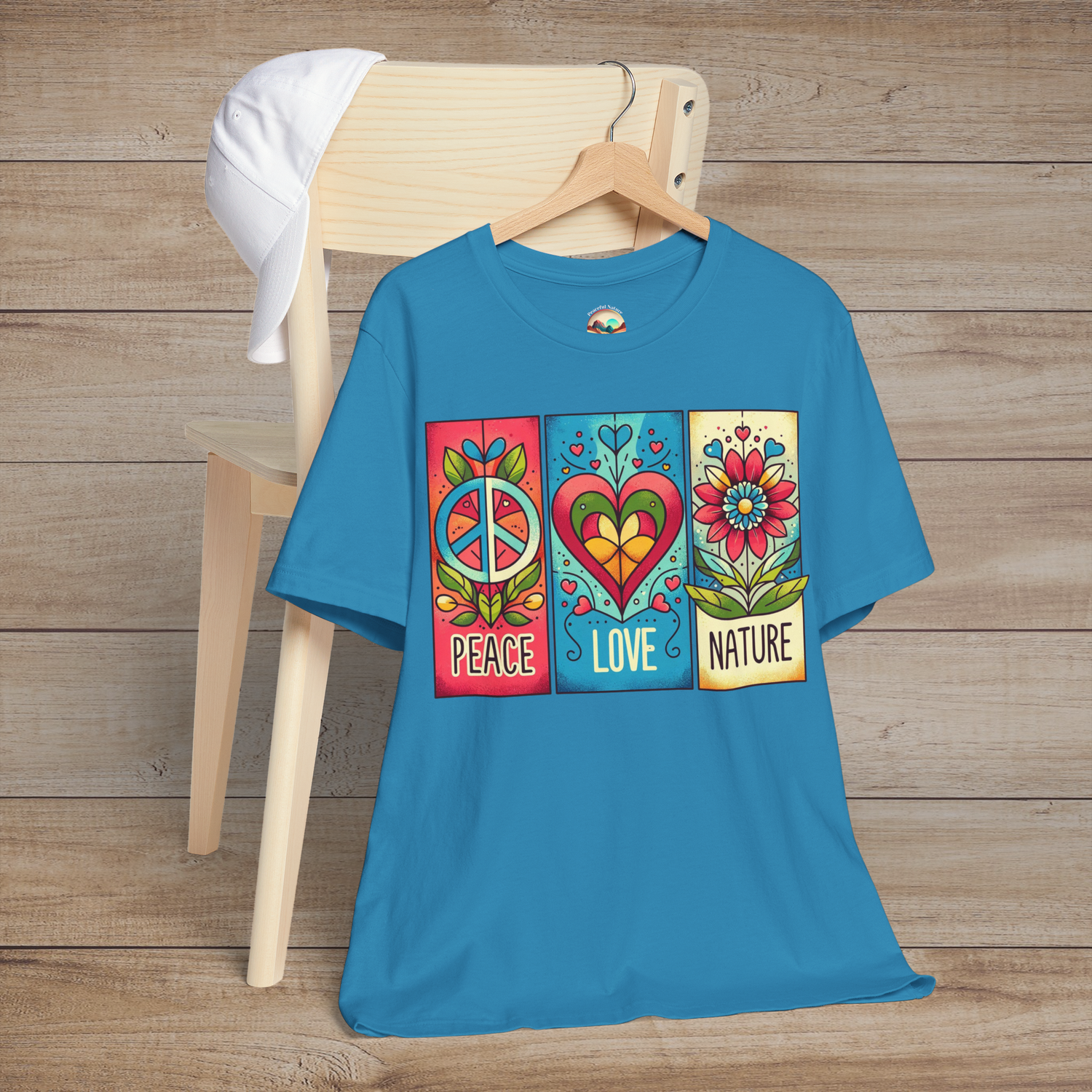 Aqua variant of the Peace Love and Nature T-Shirt displayed on a wooden chair, featuring a vibrant boho design with a peace sign, heart, and flower in bold retro colors. Perfect for free-spirited nature lovers