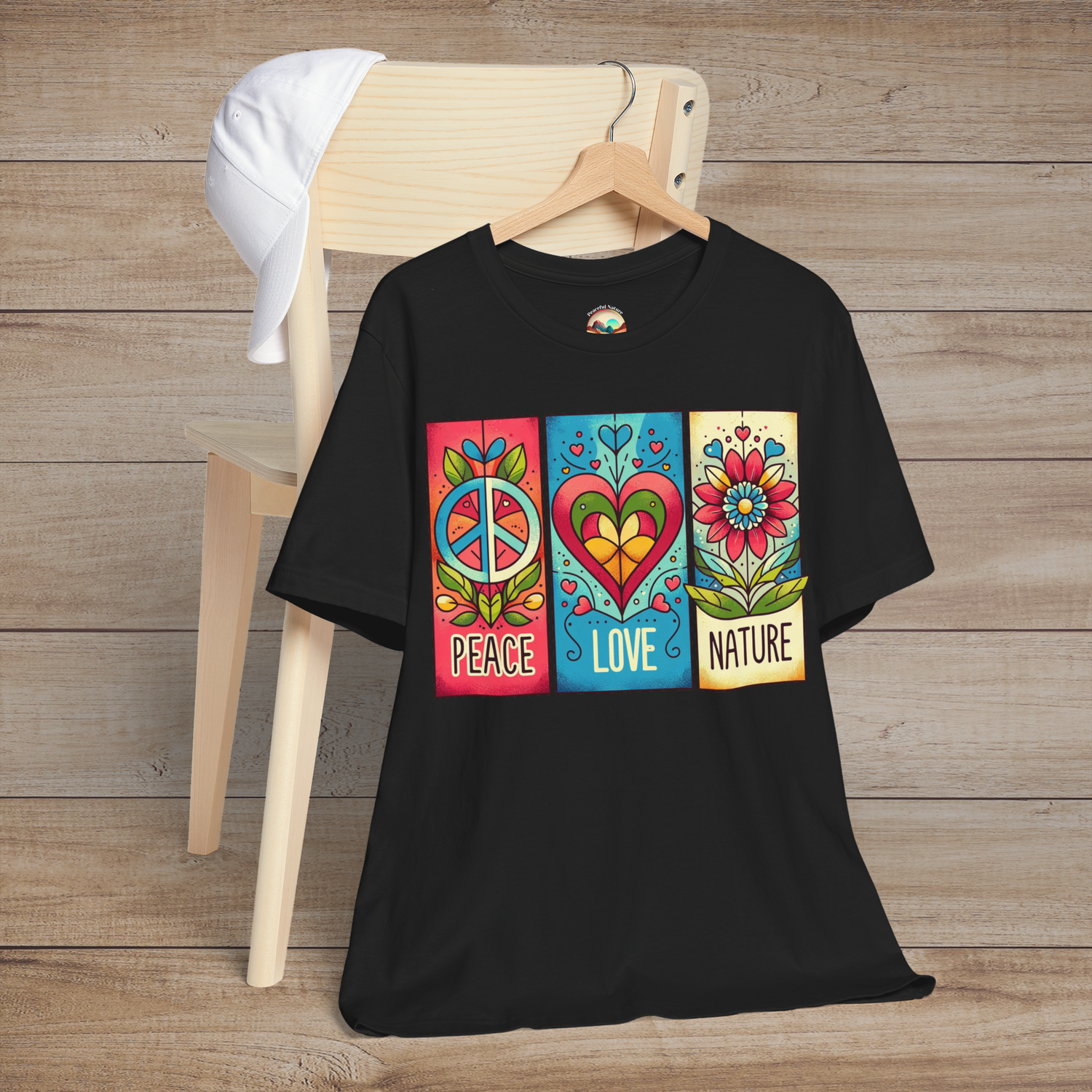 Black Peace Love and Nature T-Shirt shown against a rustic wood backdrop, highlighting a bright, artistic graphic of peace, heart, and floral icons. A bold yet soft tee for lovers of hippie fashion and meaningful design