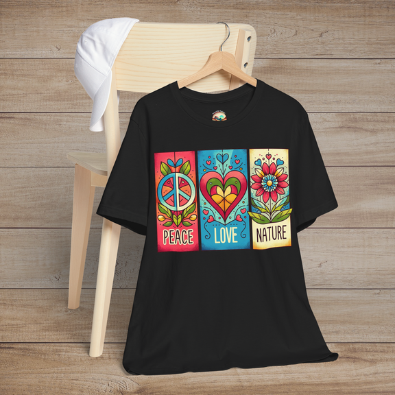 Black Peace Love and Nature T-Shirt shown against a rustic wood backdrop, highlighting a bright, artistic graphic of peace, heart, and floral icons. A bold yet soft tee for lovers of hippie fashion and meaningful design