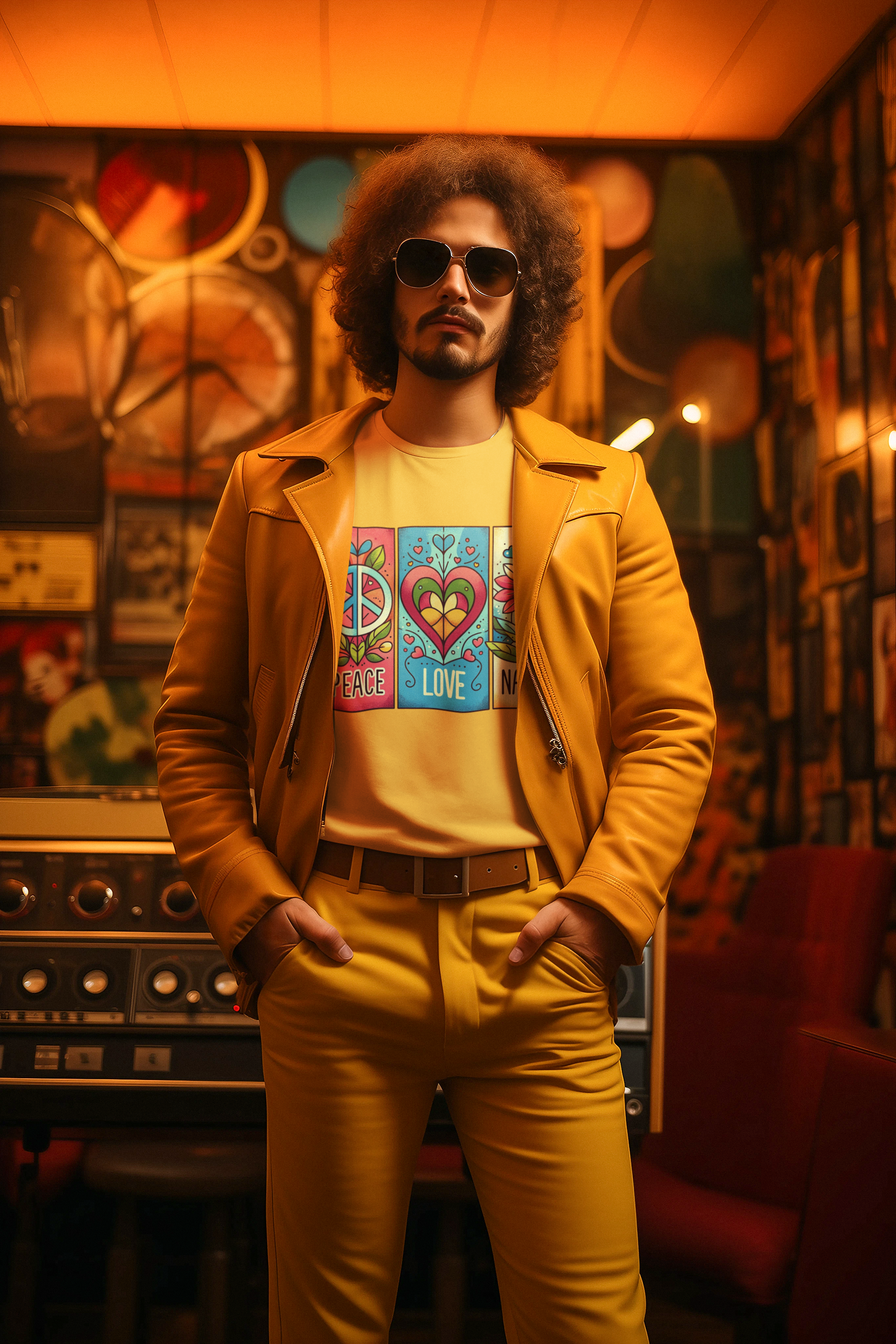 Male model in a music-themed retro room wearing gold Peace Love Nature t-shirt and matching yellow leather jacket and pants