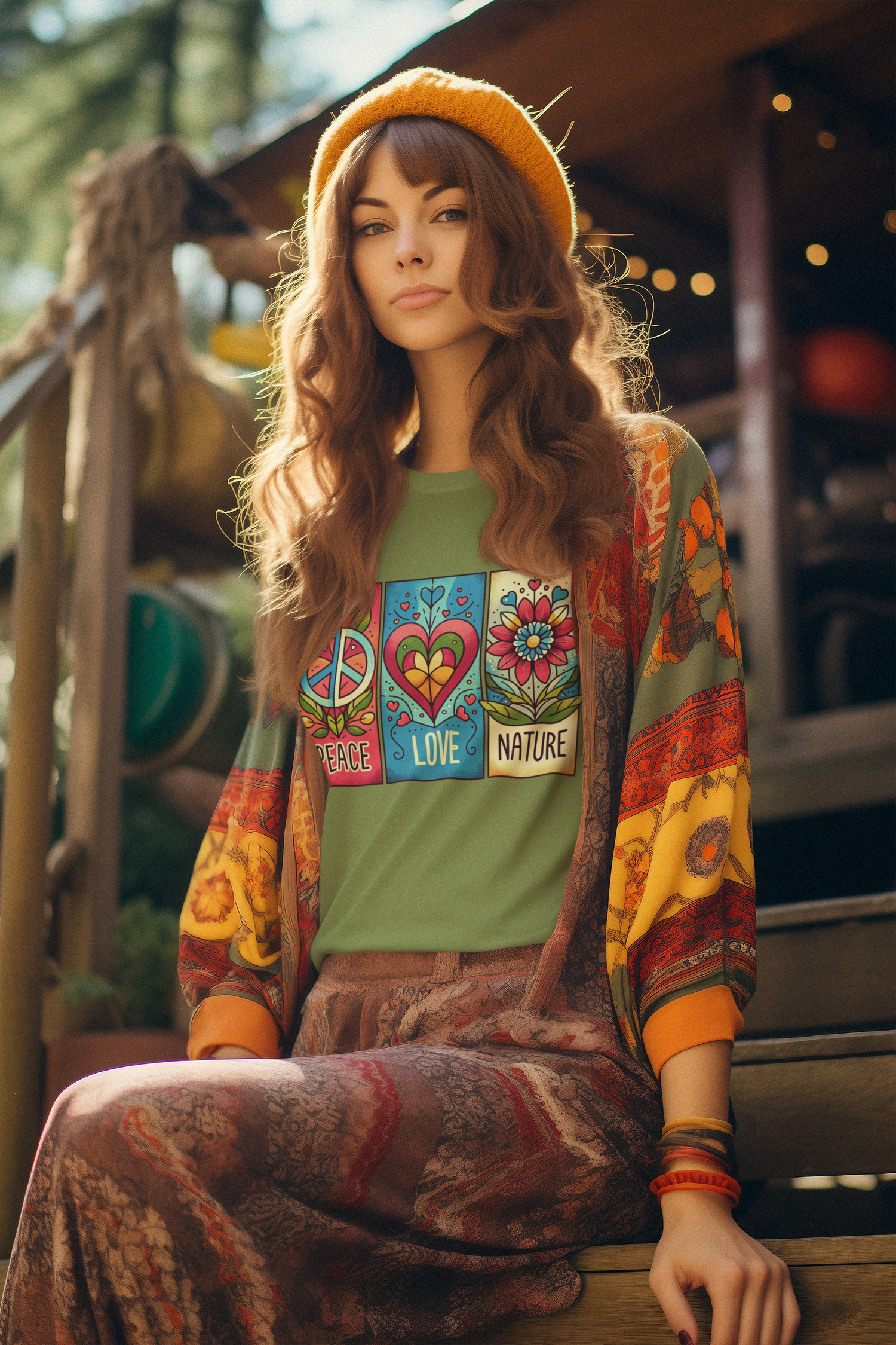 Female model sitting outdoors on wooden stairs in heather green Peace Love Nature t-shirt, styled with a mustard knit hat and patterned cardigan