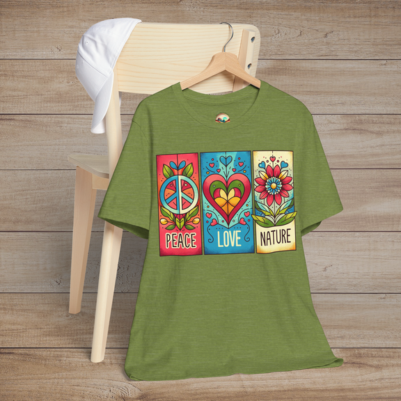 Heather green Peace Love and Nature T-Shirt with a vintage boho design of peace, heart, and floral illustrations in cheerful, nature-inspired hues. A relaxed fit tee perfect for eco-conscious hippie style