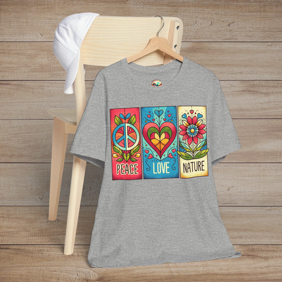 Heather grey Peace Love and Nature T-Shirt hanging on a chair, showcasing a colorful retro design with peace, love, and flower graphics. Ideal soft-fit tee for those who love earthy tones and bohemian vibes