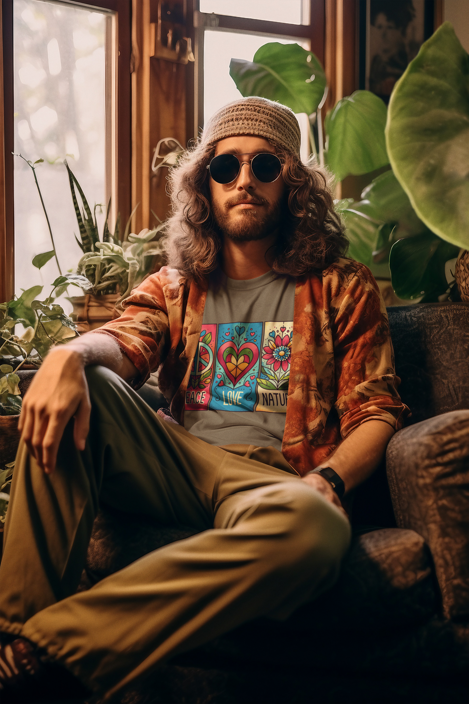 Male model lounging indoors with plants in the background, wearing a heather olive Peace Love Nature t-shirt and a crochet beanie