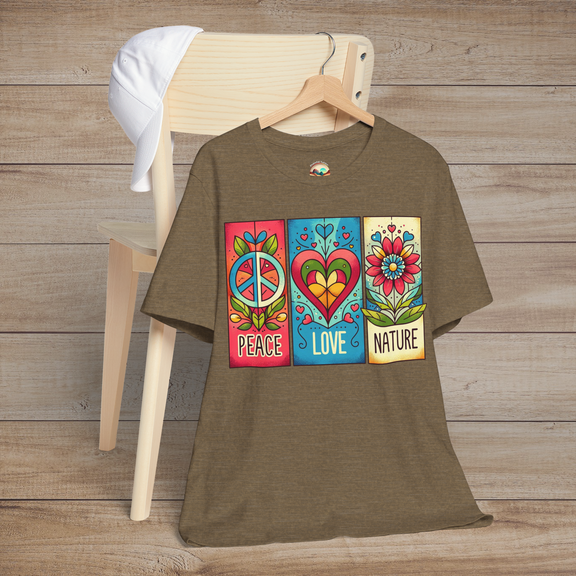 Heather olive Peace Love and Nature T-Shirt hung on a wood chair, featuring a retro graphic print with floral elements and symbolic icons in earthy red and gold tones. A must-have tee for lovers of peace and nature