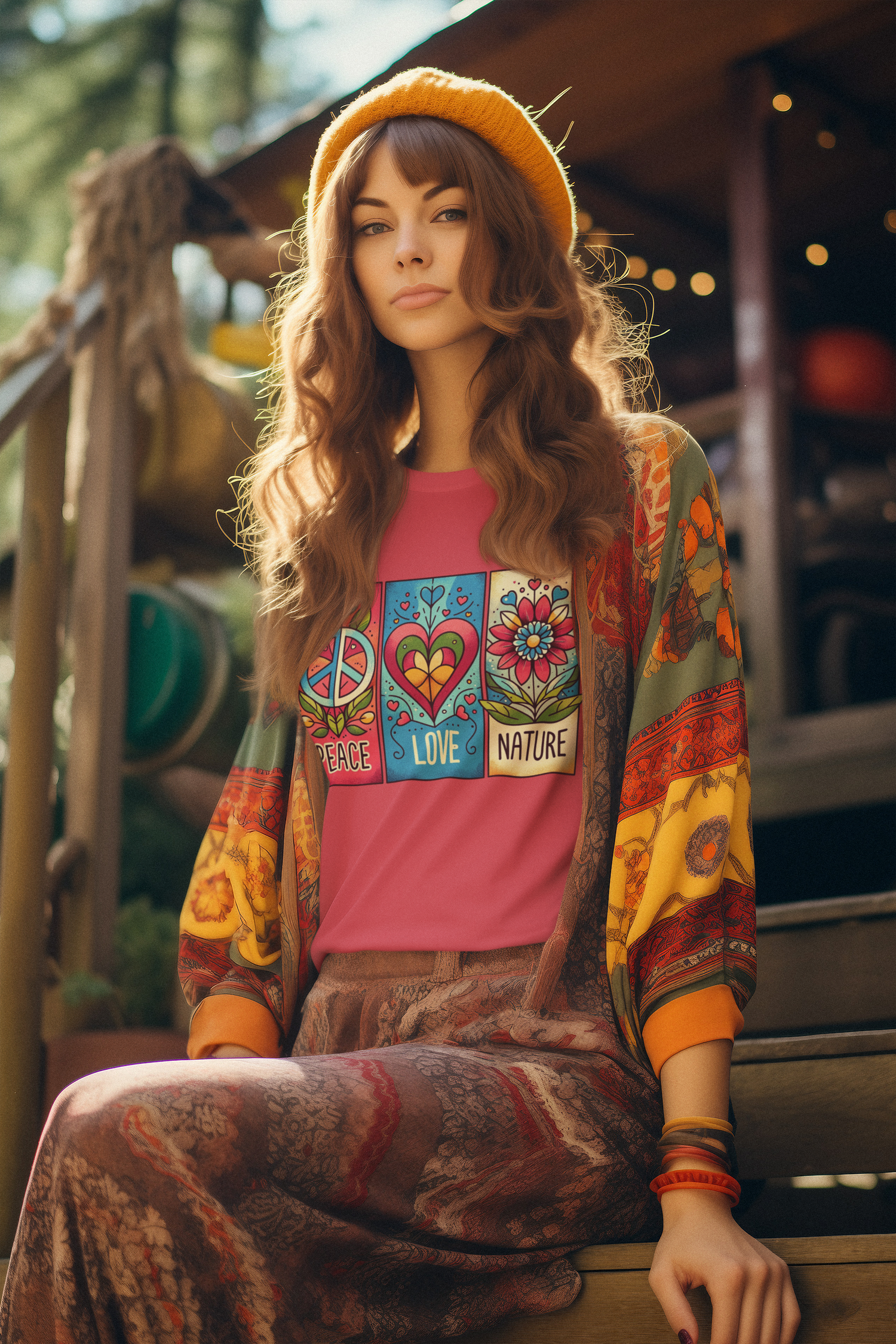 Female model outdoors in a boho setting wearing heather red Peace Love Nature t-shirt, styled with a mustard beanie and paisley pants