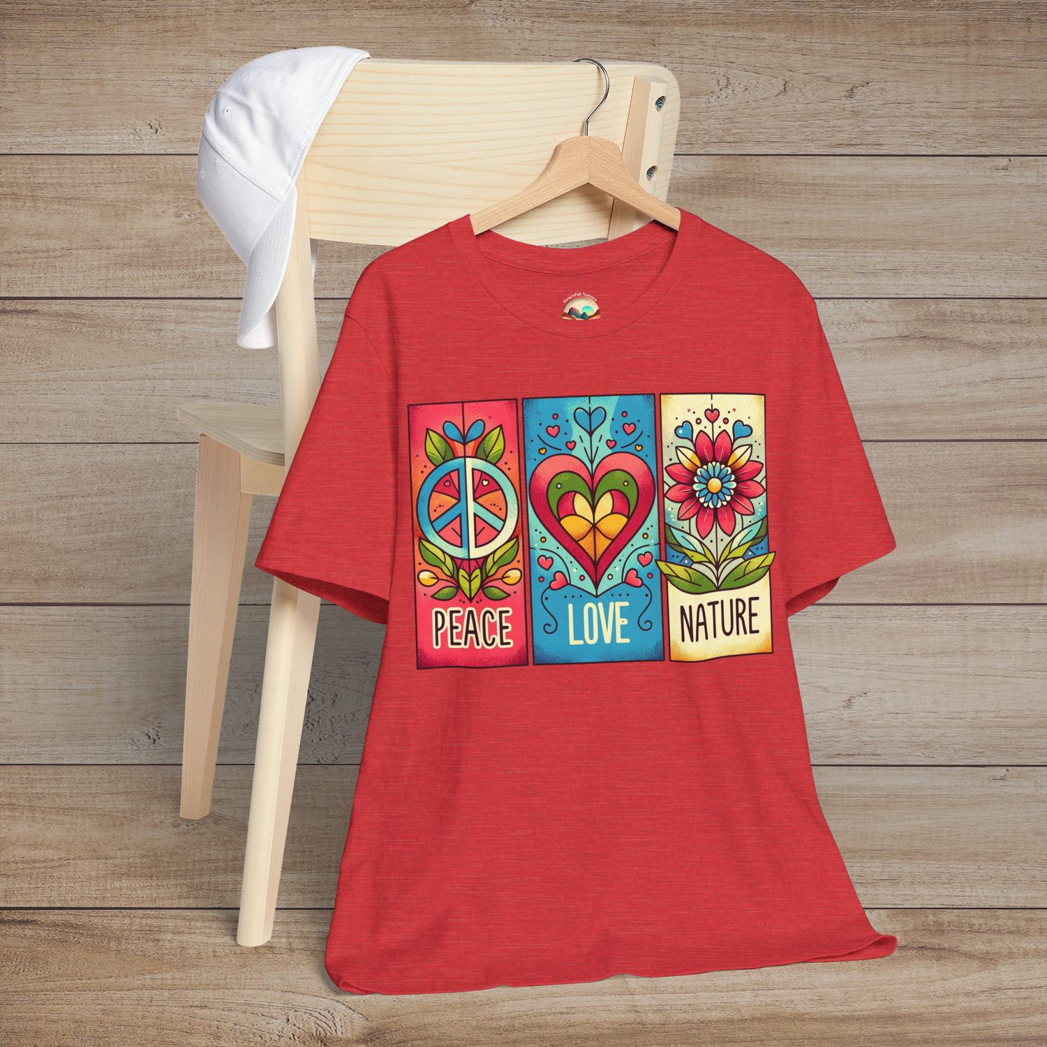 Heather red version of the Peace Love and Nature T-Shirt with a bright, retro design showcasing peace, love, and nature blocks in vivid festival tones. Great for bohemian spirits and artistic souls