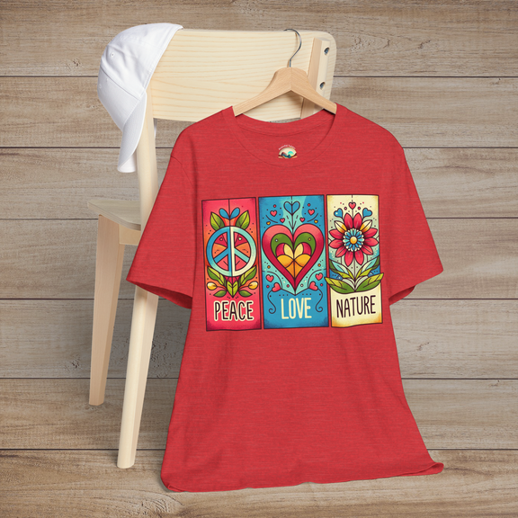 Heather red version of the Peace Love and Nature T-Shirt with a bright, retro design showcasing peace, love, and nature blocks in vivid festival tones. Great for bohemian spirits and artistic souls