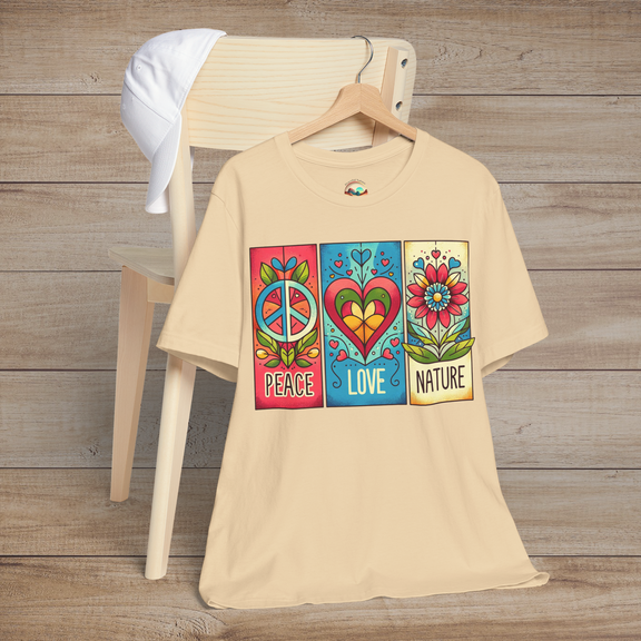 Soft cream Peace Love and Nature T-Shirt with a colorful boho print featuring a peace sign, heart, and daisy flower. A lightweight, premium tee for earthy, nature-loving minimalists