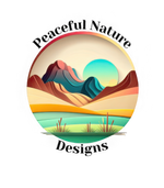 Peaceful Nature Designs logo with black text, showing a colorful mountain scene with grass and sun