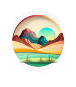 Peaceful Nature Designs logo with white text, showing colorful mountain scene with grass and sun.