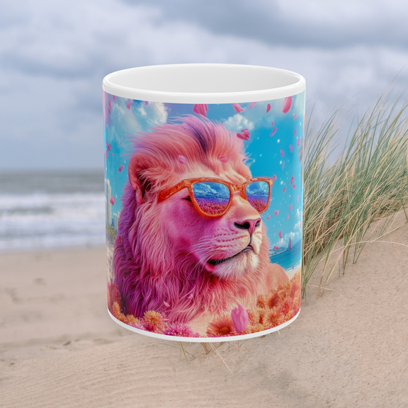 Pink Lion Beach Mug 11 oz center view featuring cool pink lion wearing sunglasses by the seaside
