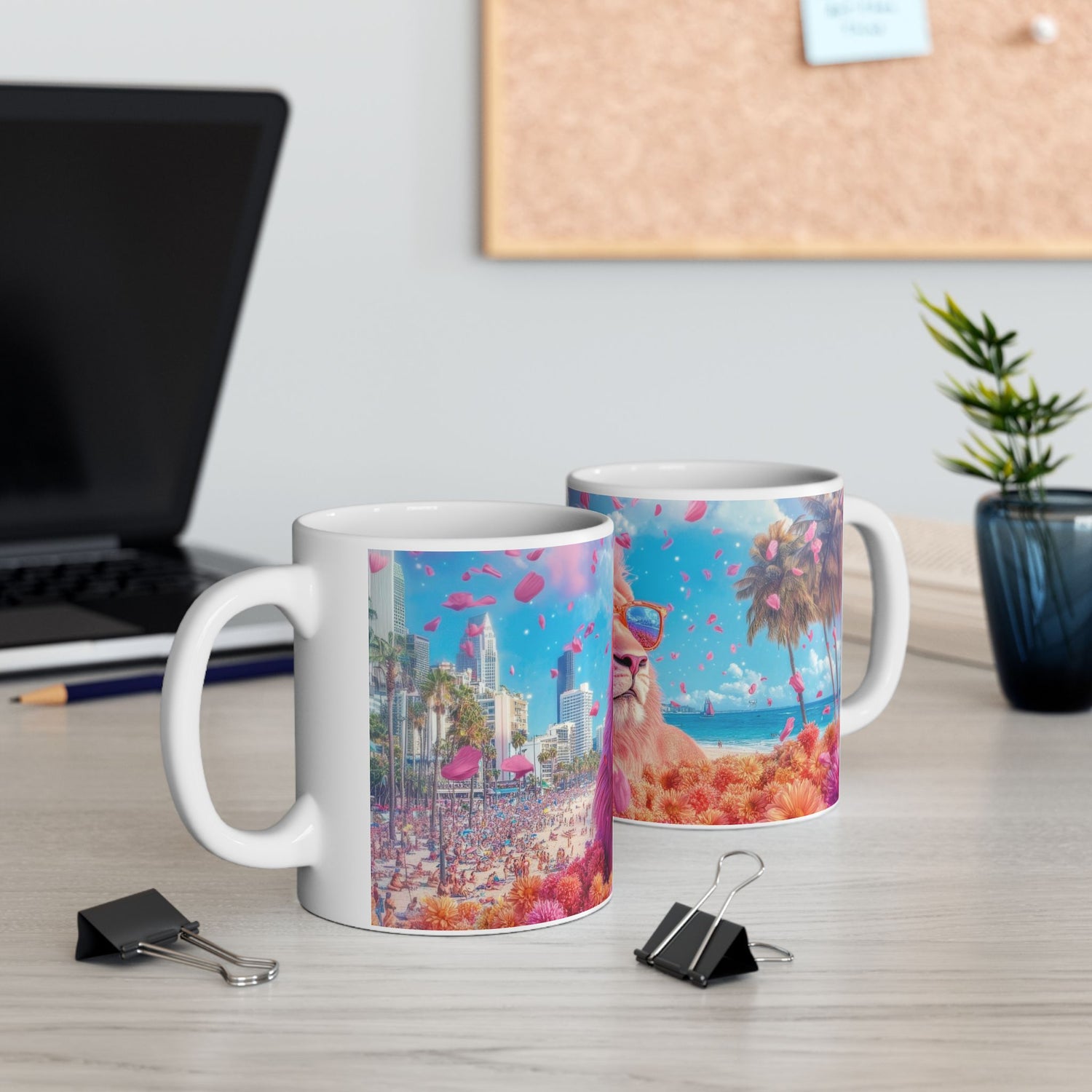 Pink Lion Beach Mug 11 oz set featuring playful lion, beach skyline, and falling pink petals
