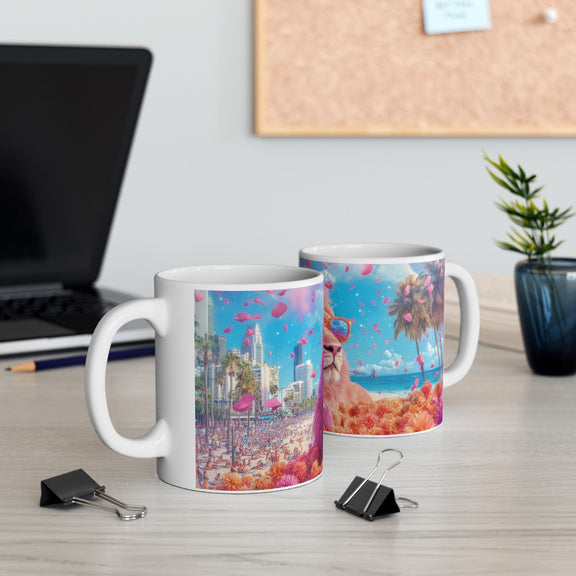 Pink Lion Beach Mug 11 oz set featuring playful lion, beach skyline, and falling pink petals