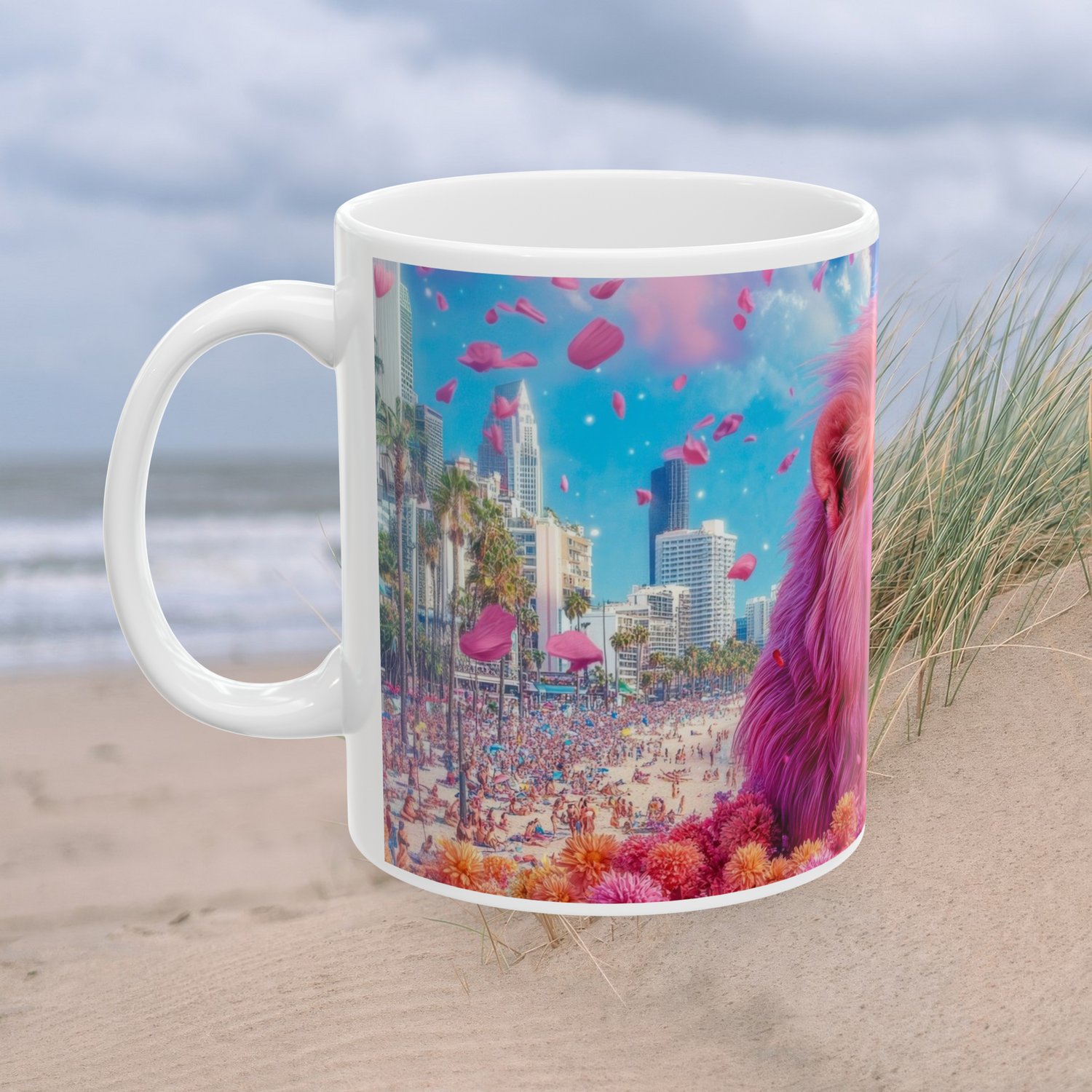 Pink Lion Beach Mug 11 oz left view featuring vibrant beach city skyline, crowds, and falling pink petals