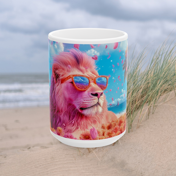 Pink Lion Beach Mug 15 oz center view showing surreal pink lion with sunglasses and ocean background.