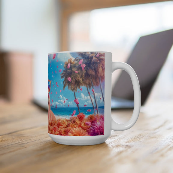 Pink Lion Beach Mug 11 oz right view featuring cool pink lion wearing sunglasses by the seaside, palm trees, and pink petals