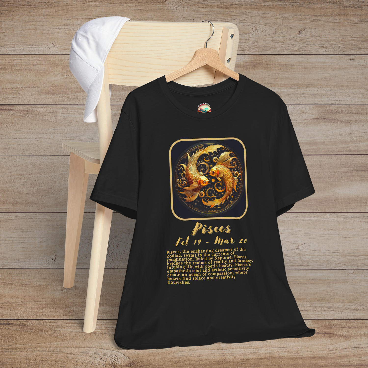 Black Pisces Zodiac T-Shirt featuring a gold Pisces fish symbol with birth dates and a dreamy, compassionate astrology description
