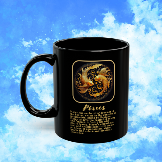 Pisces Zodiac Astrology Mug 11 oz left view featuring intuitive Pisces fish and creative spirit