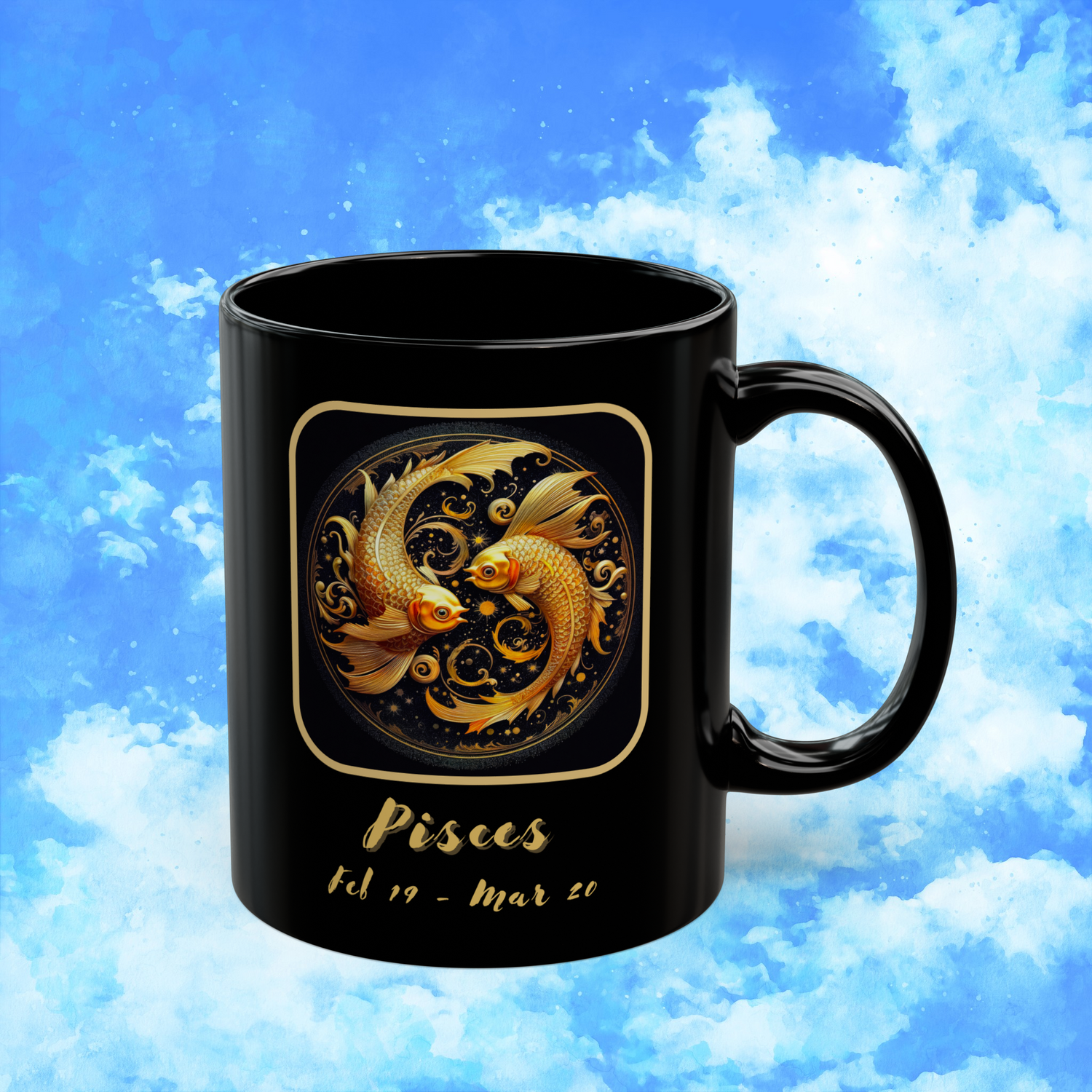 Pisces Zodiac Astrology Mug 11 oz right view with golden fish symbol and dreamy zodiac description