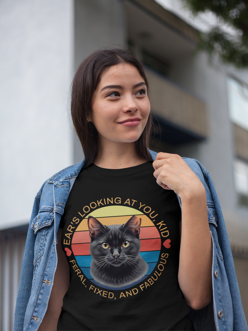 Woman wearing black Ear’s Looking at You Kid TNR cat shirt with retro ear-tipped black cat design, Bella Canvas 3001