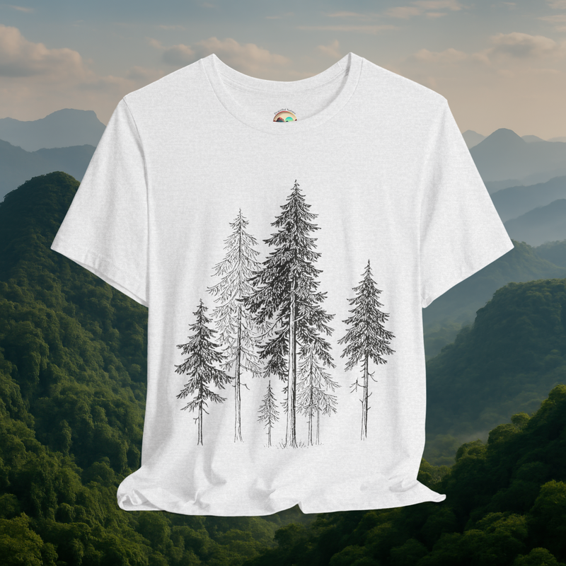 🌲 Whispers of the Woods – Premium Forest Tree Line Art Tee Ash