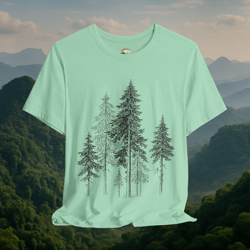 🌲 Whispers of the Woods – Premium Forest Tree Line Art Tee Heather Mint