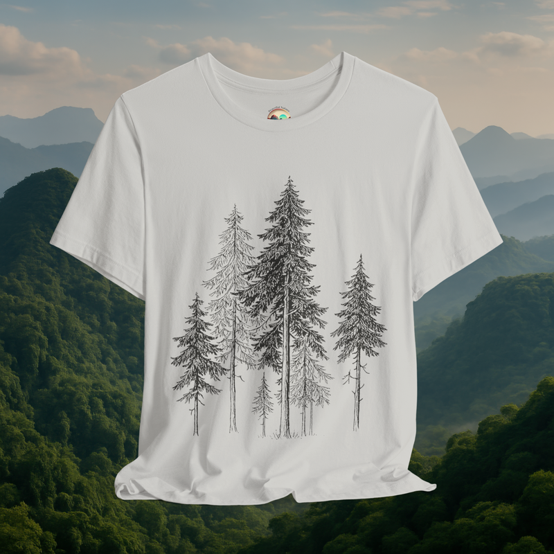 🌲 Whispers of the Woods – Premium Forest Tree Line Art Tee Silver