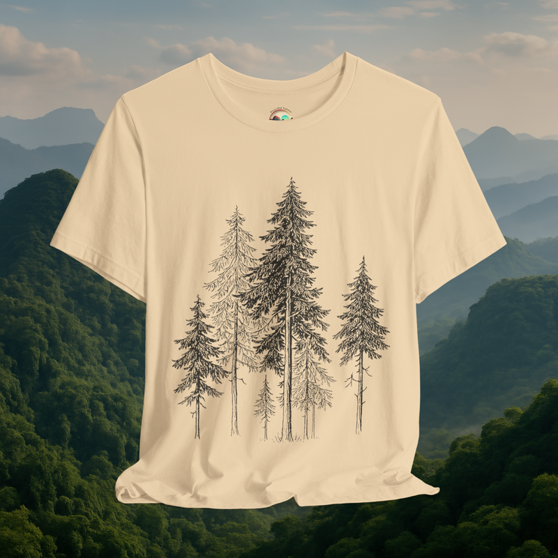 🌲 Whispers of the Woods – Premium Forest Tree Line Art Tee Soft Cream