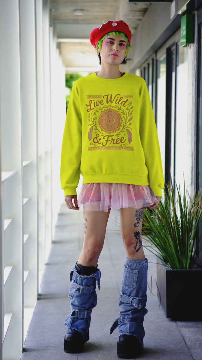Video of a model in a Harajuku-inspired outfit wearing the Live Wild & Free boho mandala sweatshirt