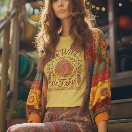 Lifestyle video of a woman wearing the Live Wild & Free Boho Mandala Feather T-Shirt in black, featuring rustic mandala and feather artwork — a soft, ethically made boho tee from Peaceful Nature Designs