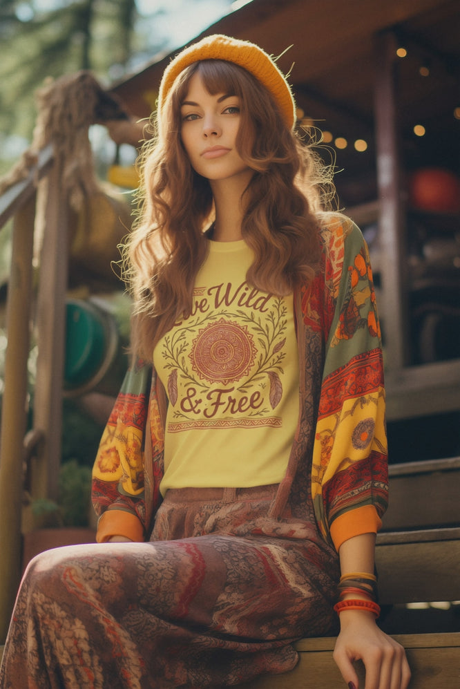 Lifestyle video of a woman wearing the Live Wild & Free Boho Mandala Feather T-Shirt in black, featuring rustic mandala and feather artwork — a soft, ethically made boho tee from Peaceful Nature Designs